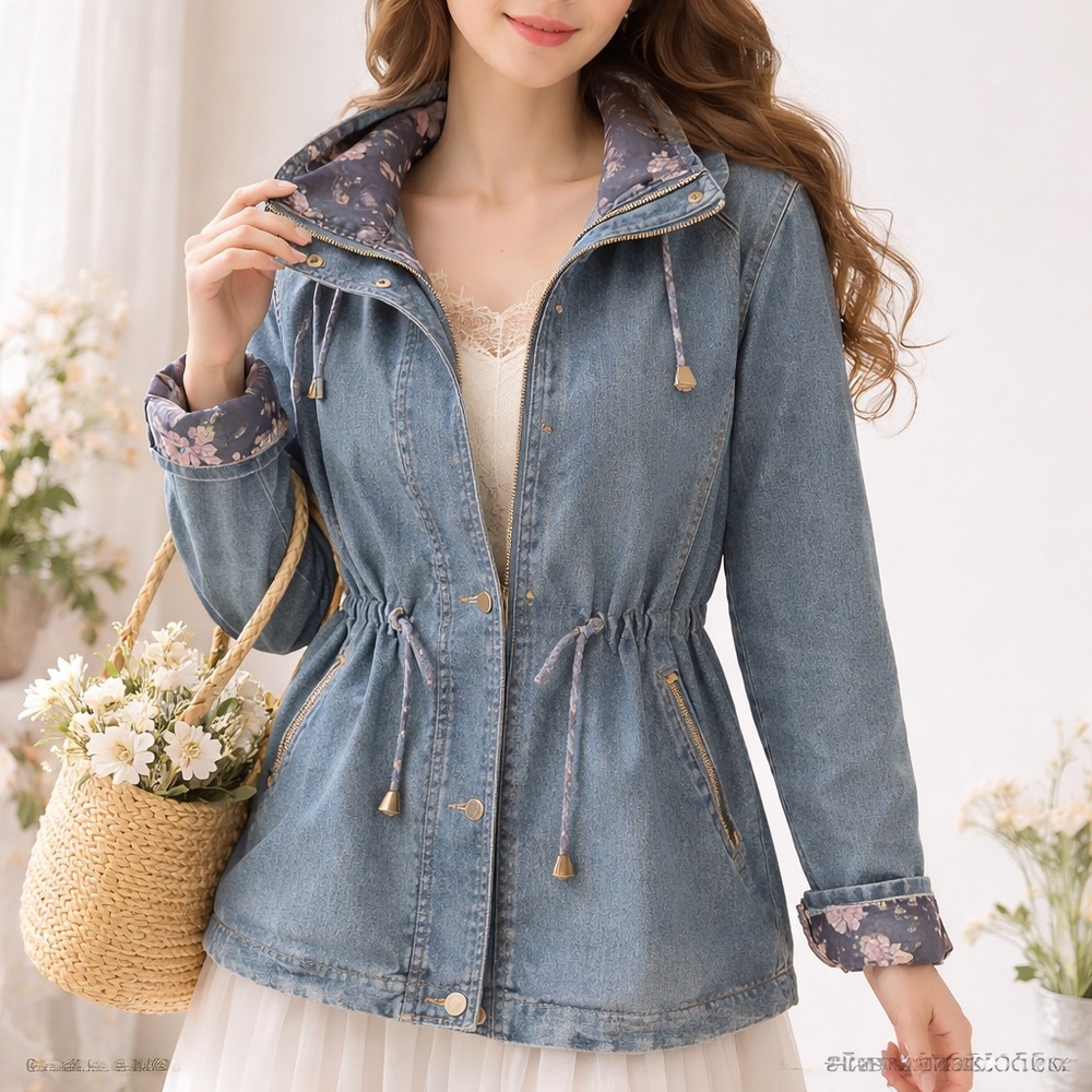Wen Ni M Blue Denim Utility Anorak Jacket Floral Lined